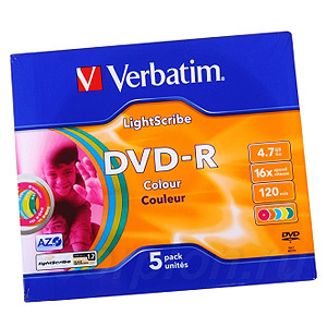 43674 Verbatim DVD-R 4.7Gb, 16x Slim (5) Color, LightScribe (5/100)