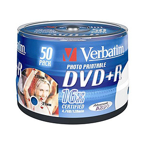 43651 Verbatim DVD+R 4.7Gb, 16x Cake (50) Printable (50/200/20000)