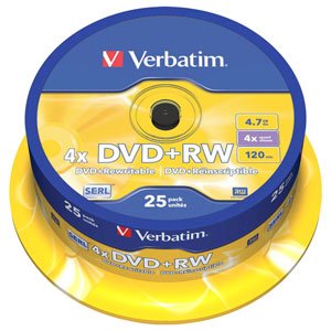 43489 Verbatim DVD+RW 4.7Gb, 4x Cake (25) (25/200/16000)