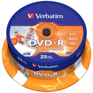 43538 Verbatim DVD-R 4.7Gb, 16x Cake (25) Printable (25/200/16000)
