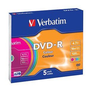 43557 Verbatim DVD-R 4.7Gb, 16x Slim (5) Color (5/100/6000)