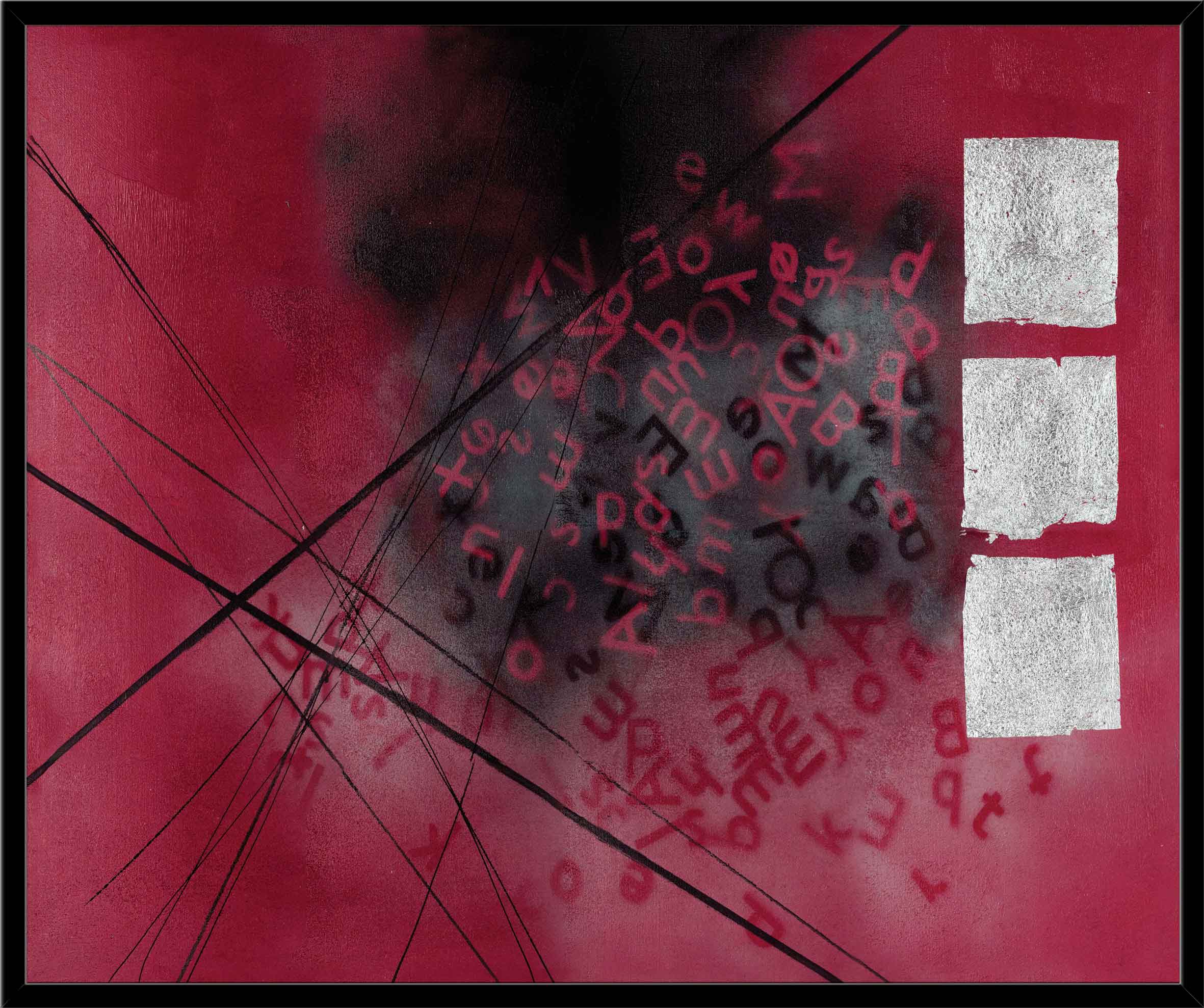 100x120cm Red abstract with silver foil FP0878