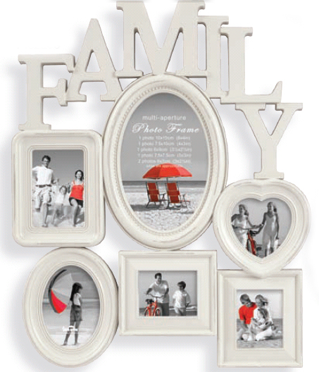 PI02298 Brighton III CREAM multi aps 6 opening photo frame with FAMILY word  