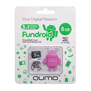 QUMO Micro SDHC 08 Gb Class 10 + картридер FUNDROID Pink