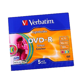 VERBATIM 43674 Verbatim DVD-R 4.7Gb, 16x Slim (5) Color, LightScribe (5/100)