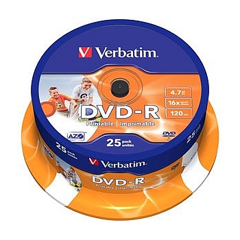 VERBATIM 43538 Verbatim DVD-R 4.7Gb, 16x Cake (25) Printable (25/200/16000)